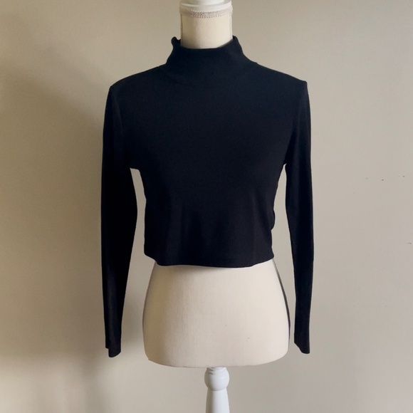 Black mock neck turtleneck 3/4 sleeve ribbed cropped crop top - Picture 1 of 8